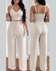 Two Piece Sets Womens Outifits Summer Fashion Shirred Plain V-Neck Sleeveless Crop Top &amp; Casual Pocket Design Wide Leg Pants Set