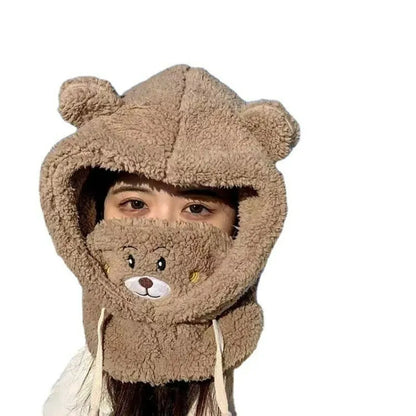 Winter Cartoon Hut mit Maske Bär Ohr Lamm Beanie Hüte warme verdickte Gehörschutz Skullies Mützen für Frauen Mädchen Kawaii 