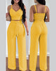 Two Piece Sets Womens Outifits Summer Fashion Shirred Plain V-Neck Sleeveless Crop Top &amp; Casual Pocket Design Wide Leg Pants Set