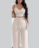 Two Piece Sets Womens Outifits Summer Fashion Shirred Plain V-Neck Sleeveless Crop Top &amp; Casual Pocket Design Wide Leg Pants Set